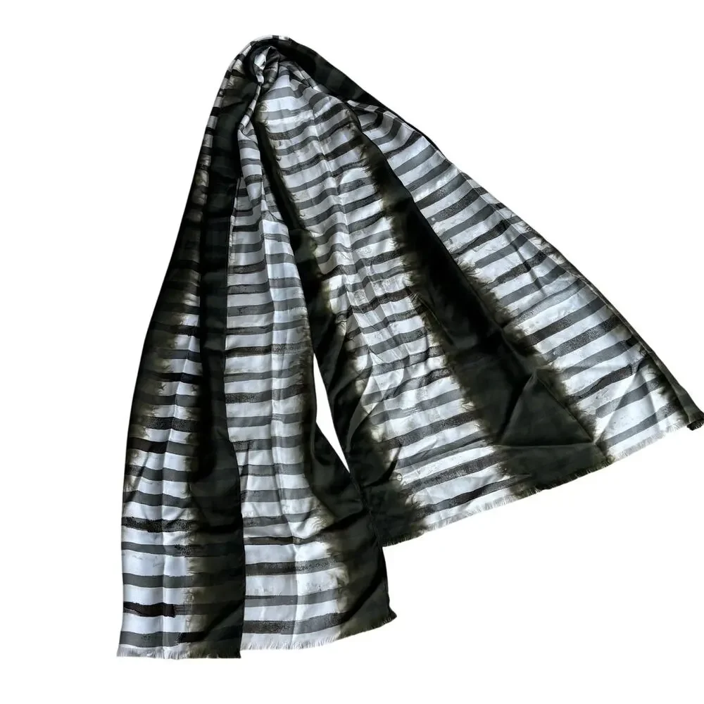 Chico’s silk scarf wrap shawl khaki green & white mod abstract stripes fringe